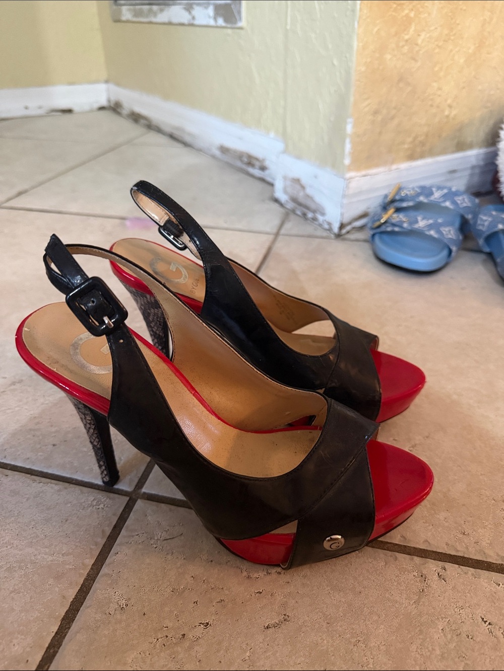 Guess Black Leather Slingback Heels with Red Platform
